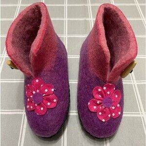 Girls Wool Felted Slippers Purple Pink 8" Youth (4-7 years) Non-slip Soles